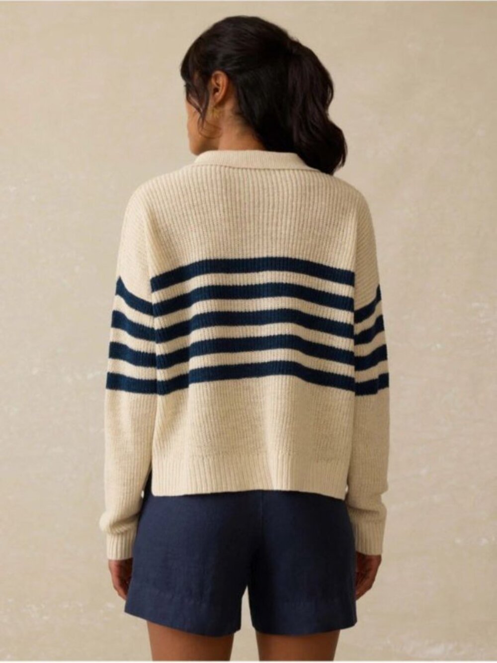 Faherty Mirimar Linen Polo in Ocean Ties Striped Sweater Sz M Navy Cream Collar - Picture 3 of 13